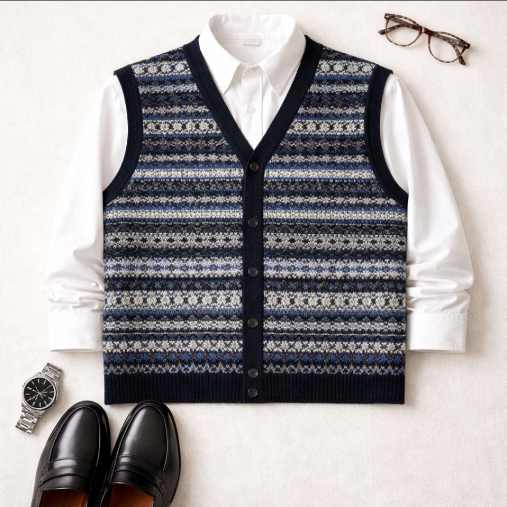 Vintage 90s Ramie Cotton Nordic Knit Vest L 23x26 Handframe Academia